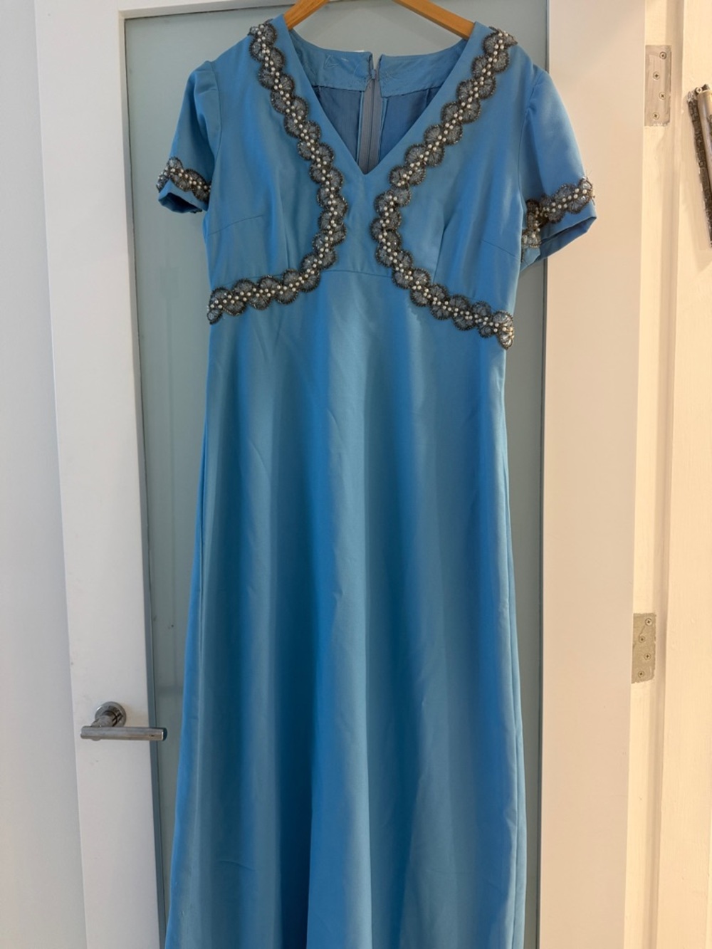 Vintage Blue Embellished V-Neck Maxi Dress